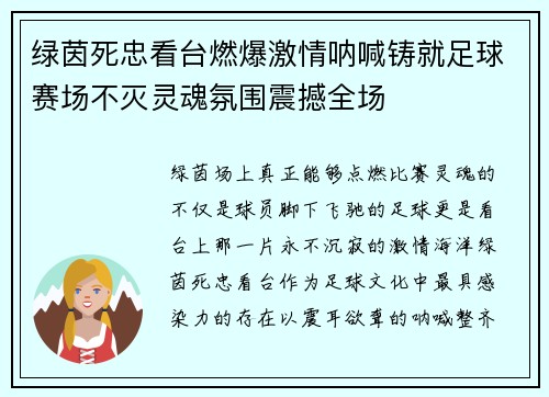 绿茵死忠看台燃爆激情呐喊铸就足球赛场不灭灵魂氛围震撼全场